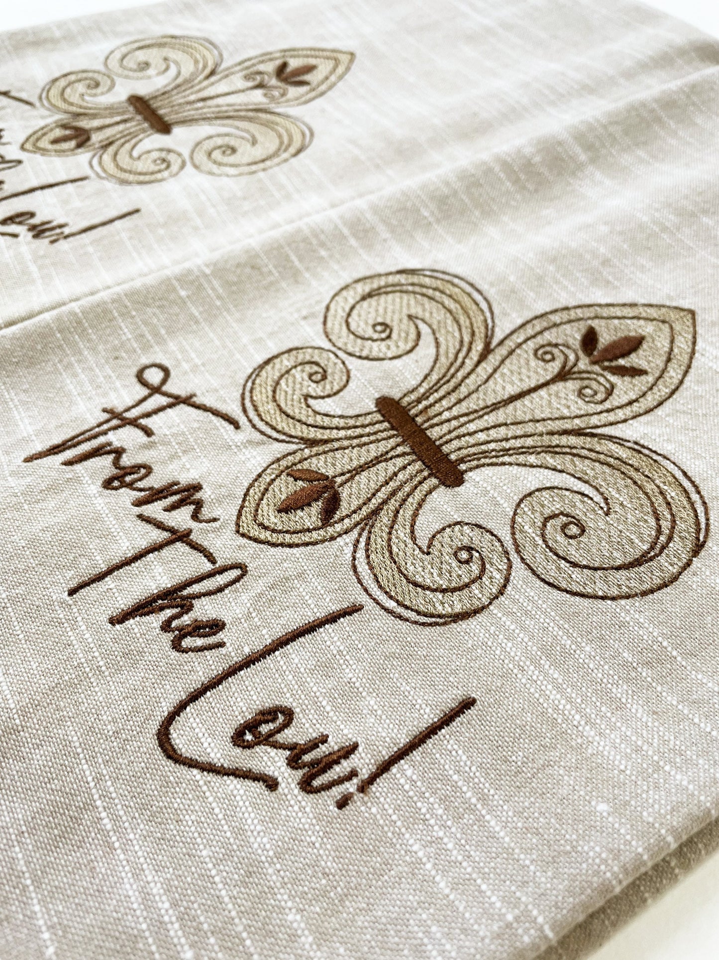 St. Louis themed Kitchen Towel, Embroidered Fleur De Lis, "From The Lou" on Beige/Tan Chambray