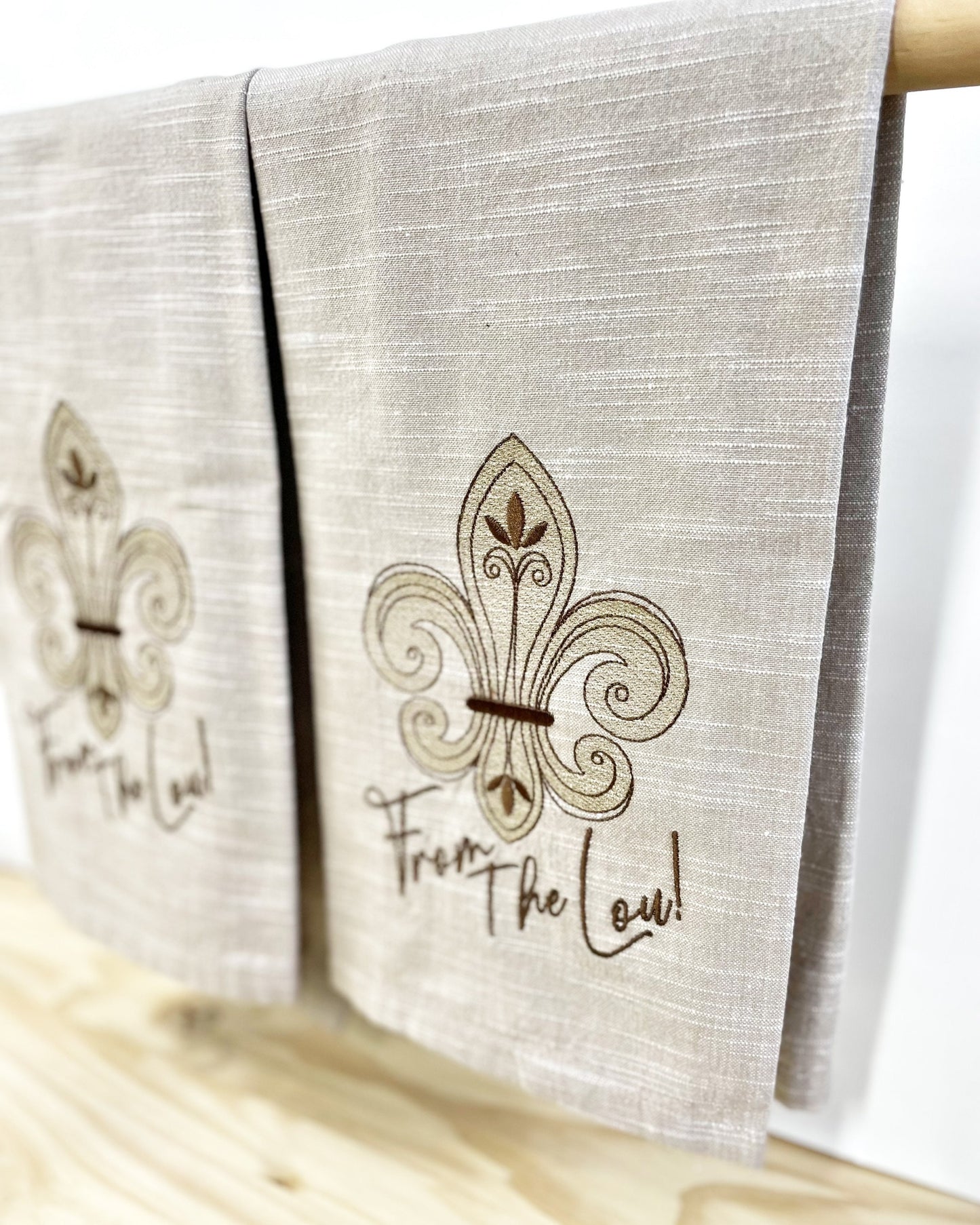 St. Louis themed Kitchen Towel, Embroidered Fleur De Lis, "From The Lou" on Beige/Tan Chambray