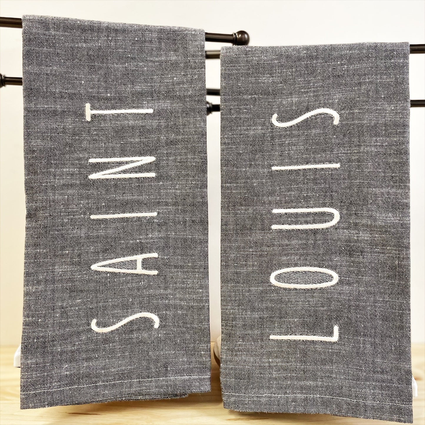 Saint Louis Embroidered Kitchen Towels Set of 2 , Black/White Chambray