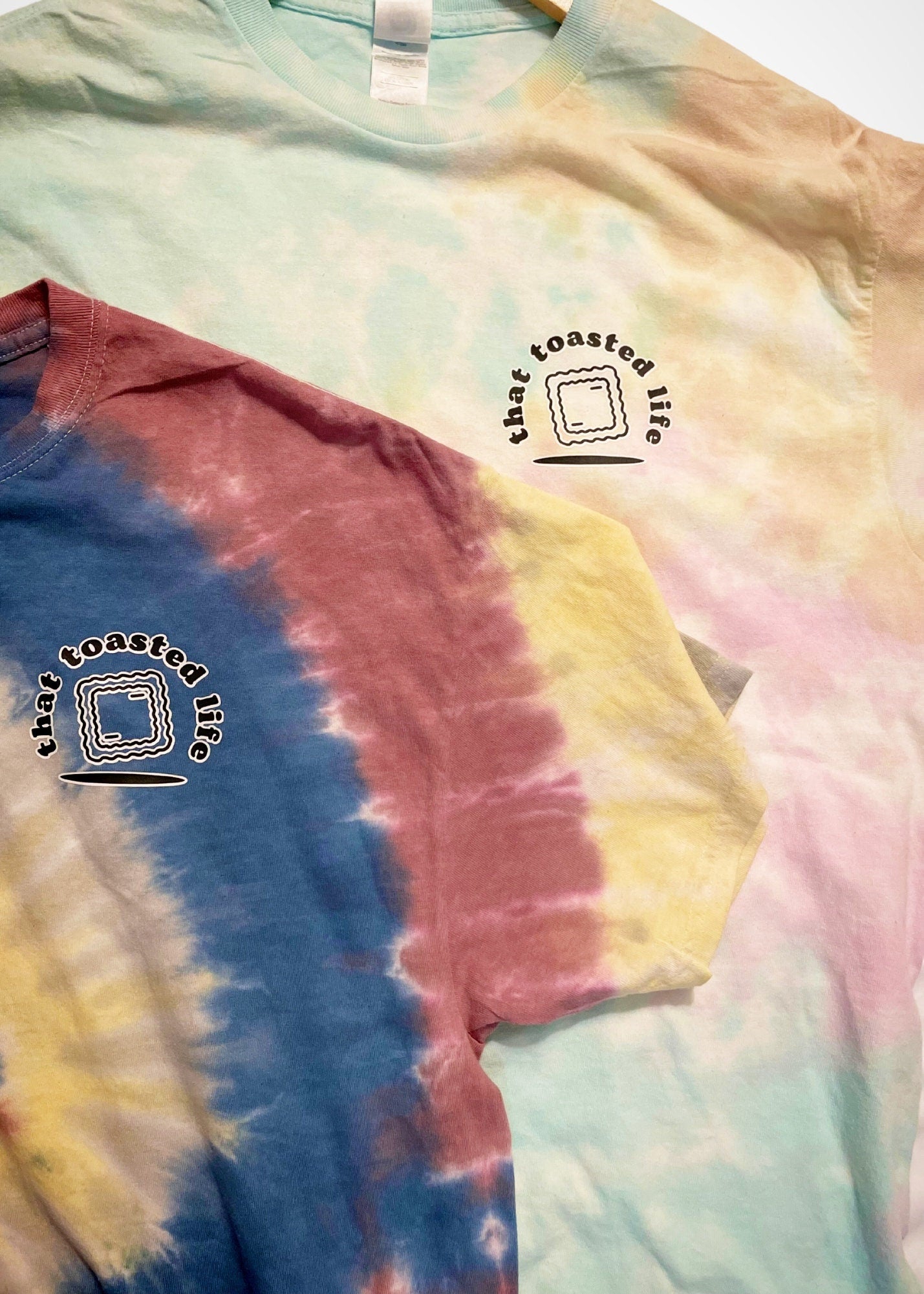Tie Dye St. Louis "That Toasted Life" Toasted Ravioli Adult Tee Shirt Blue, Yellow, Gray
