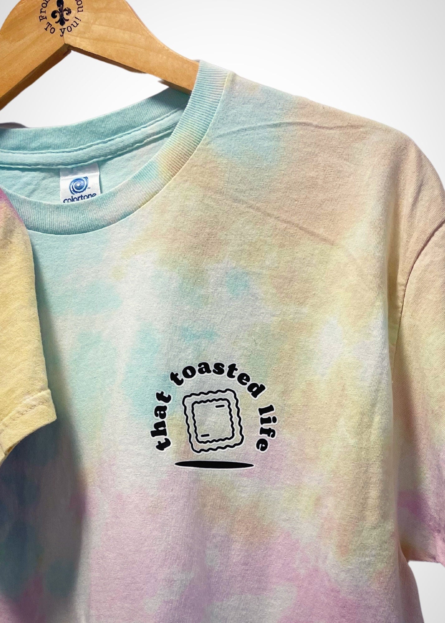 Tie Dye St. Louis "That Toasted Life" Toasted Ravioli Adult Tee Shirt Blue, Yellow, Gray