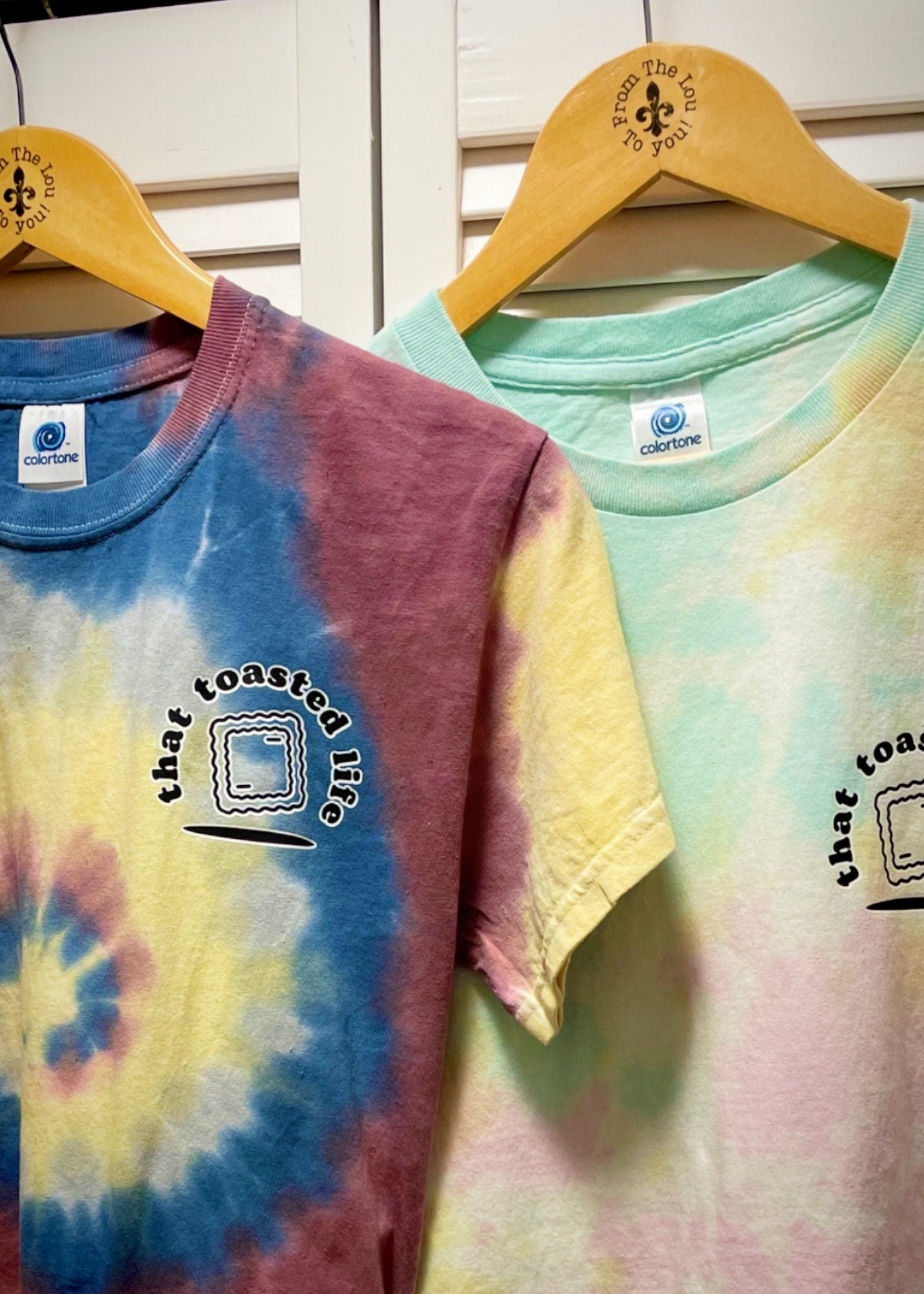 Tie Dye St. Louis "That Toasted Life" Toasted Ravioli Adult Tee Shirt Blue, Yellow, Gray