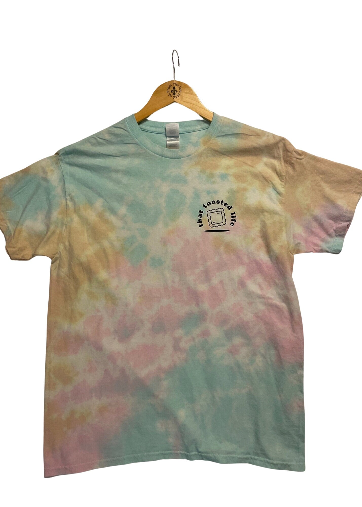 Tie Dye St. Louis "That Toasted Life" Toasted Ravioli Adult Tee Shirt Pink/Yellow