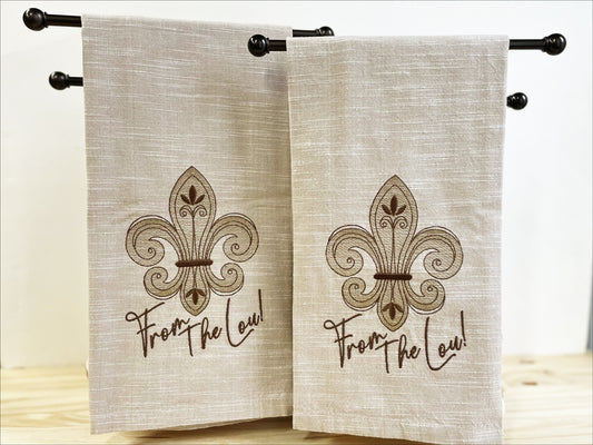 St. Louis themed Kitchen Towel, Embroidered Fleur De Lis, "From The Lou" on Beige/Tan Chambray