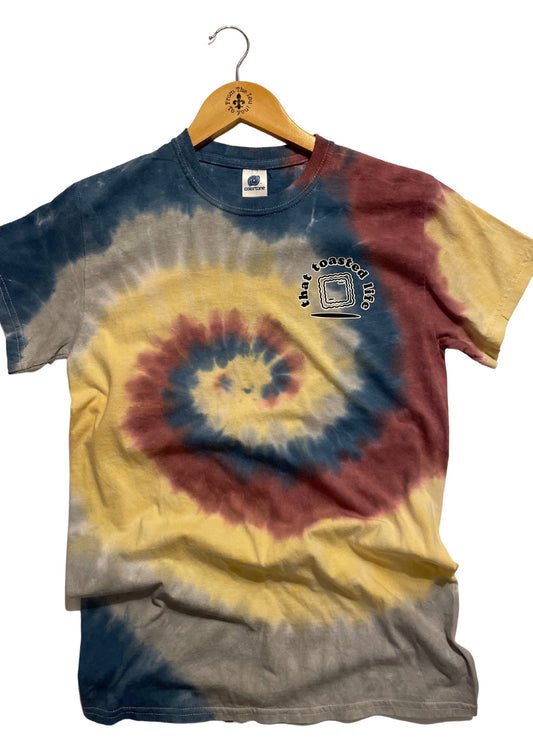 Tie Dye St. Louis "That Toasted Life" Toasted Ravioli Adult Tee Shirt Blue, Yellow, Gray